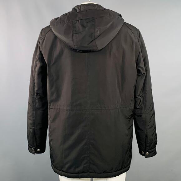 THE KOOPLES Size XL Black Polyester Leather Trim Hooded Coat - Picture 4 of 10
